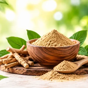 Ashwagandha extract powder with dried roots and fresh green leaves in a wooden bowl