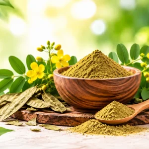 Senna extract powder with dried senna leaves, pods, and yellow flowers