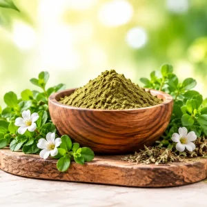 Standardised Bacopa extract powder in a wooden bowl with green leaves and white flowers